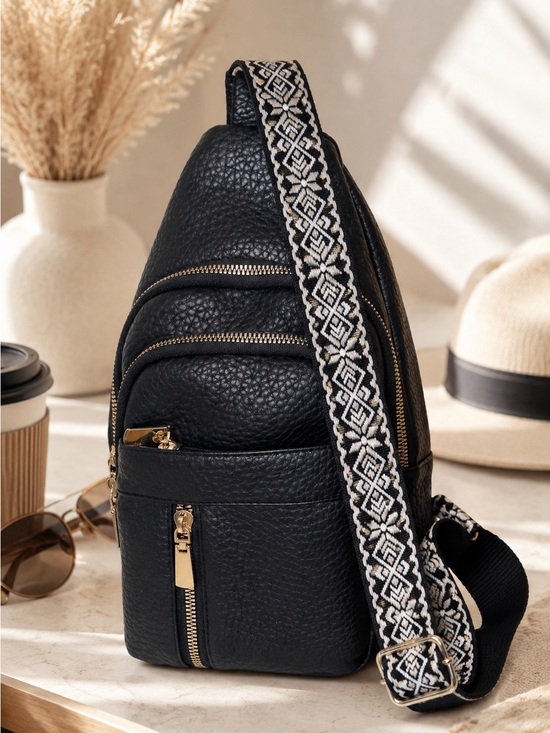 Handbags - Black Leather Sling Backpack w Embroidered Boho Guitar Strap Crossbody Backpack